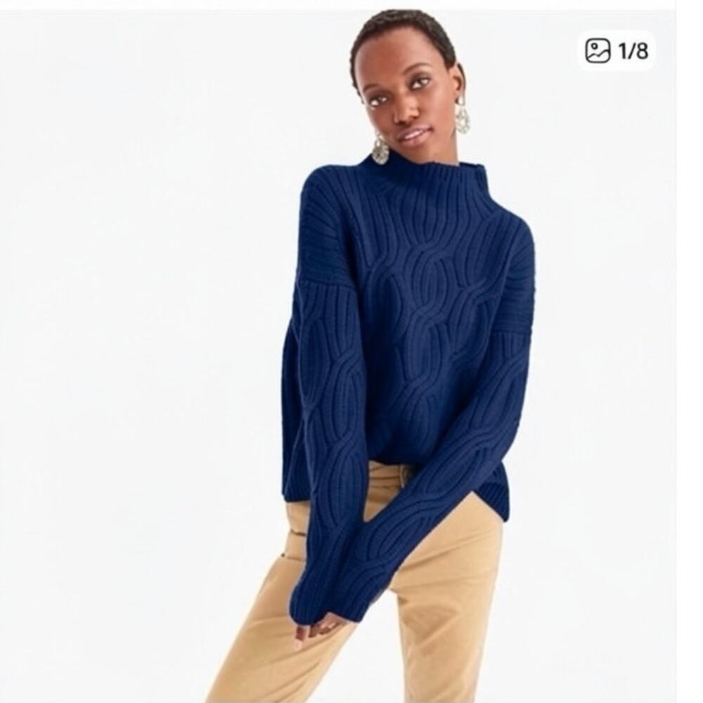 J Crew 100% Cashmere Cable Knit Mock Neck Sweater Cozy Quiet Luxury Blue XS